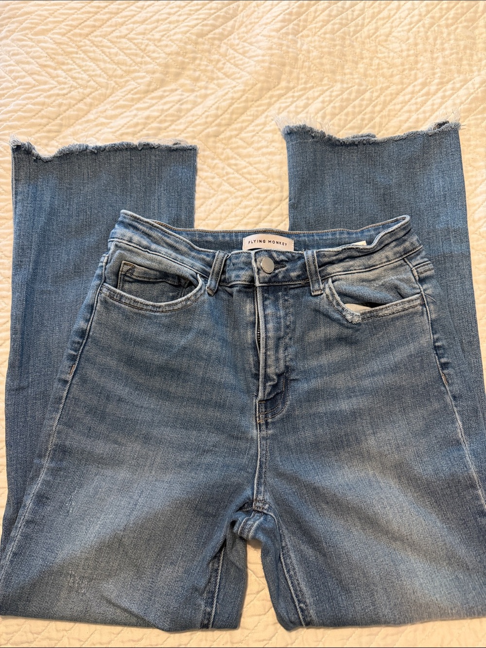 Flying Monkey Light Blue High-Rise Cropped Jeans with Raw Edge